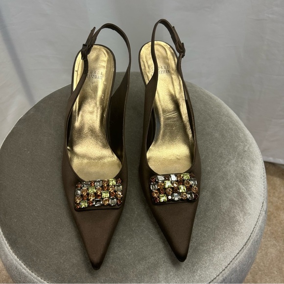 Stuart Weitzman brown satin sling back low heel gem jewelled buckle formal Sz 11 - Picture 4 of 13